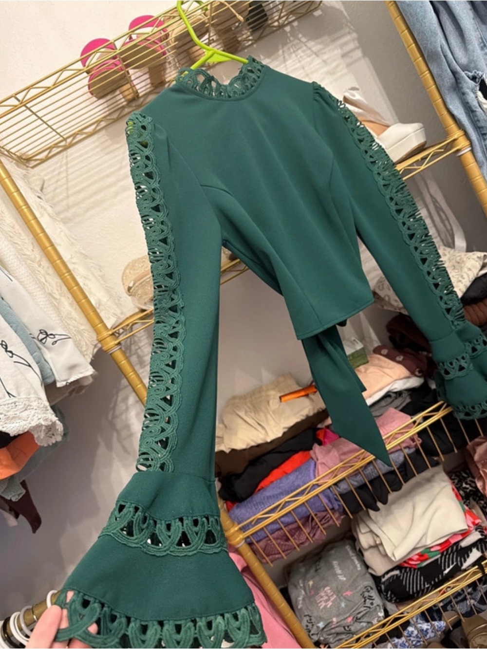 Green Lace-Trim Long Sleeve Tie-Back Top